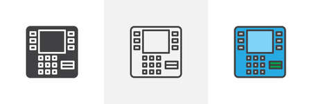 ATM machine icon. Line, glyph and filled outline colorful version, Automated teller machine outline and filled vector sign. Symbol, logo illustration. Different style icons set. Pixel perfect vectorのイラスト素材