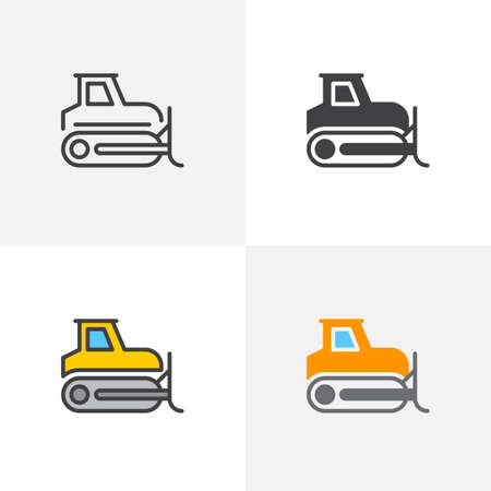 Bulldozer, crawler icon. Line, glyph and filled outline colorful version, bulldozer construction machine outline and filled vector sign. Symbol, logo illustration. Different style icons setのイラスト素材