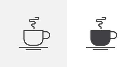 Hot tea cup icon. line and glyph version, outline and filled vector sign. Coffee cup linear and full pictogram. Morning breakfast symbol, logo illustration. Different style icons setのイラスト素材