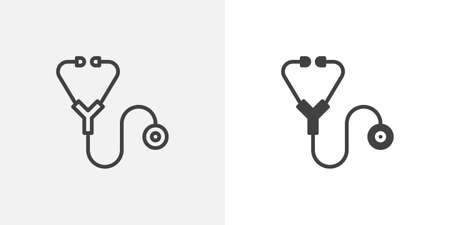 Medical stethoscope icon. line and glyph version, outline and filled vector sign. Phonendoscope linear and full pictogram. Symbol, logo illustration. Different style icons setのイラスト素材