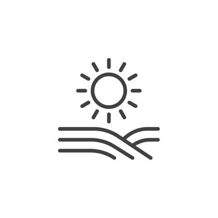 Sun and field line icon. Agricultural landscape linear style sign for mobile concept and web design. Sunrise and farm field outline vector icon. Farming symbol, logo illustration. Pixel perfect vectorのイラスト素材