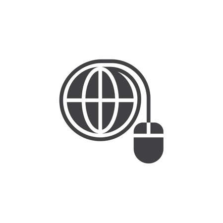 World connection vector icon. filled flat sign for mobile concept and web design. Computer mouse connected to globe glyph icon. Internet symbol, logo illustration. Pixel perfect vector graphicsのイラスト素材