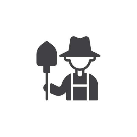 Farmer with shovel vector icon. filled flat sign for mobile concept and web design. Gardener with spade glyph icon. Agriculture, Farming and Gardening symbol, logo illustration. Pixel perfect vectorのイラスト素材