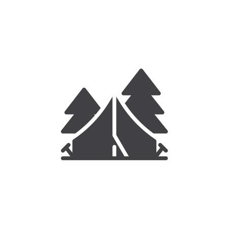 Camping tent in forest vector icon. filled flat sign for mobile concept and web design. Tourist tent and trees glyph icon. Recreation symbol, logo illustration. Pixel perfect vector graphicsのイラスト素材