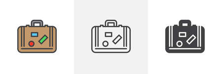 Travel suitcase with stickers icon. Line, glyph and filled outline colorful version, Baggage, luggage outline and filled vector sign. Symbol, logo illustration. Different style icons set.のイラスト素材