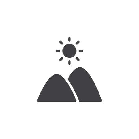 Mountains and sun vector icon. filled flat sign for mobile concept and web design. Mountain landscape glyph icon. Nature symbol, logo illustration. Pixel perfect vector graphicsのイラスト素材