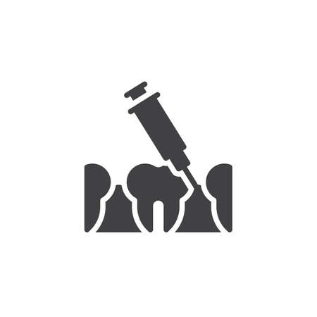 Dental injection vector icon. Syringe and anesthetizing teeth filled flat sign for mobile concept and web design. Dental anesthesia glyph icon. Symbol, logo illustration. Pixel perfect vector graphicsのイラスト素材