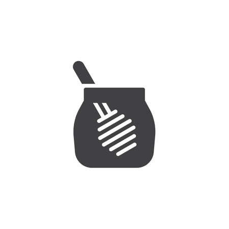 Honey jar with dipper vector icon. filled flat sign for mobile concept and web design. Glass jar of honey with wooden drizzler glyph icon. Symbol, logo illustration. Pixel perfect vector graphicsのイラスト素材