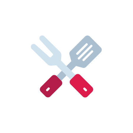 Crossed BBQ fork and spatula flat icon, vector sign, Barbecue cutlery colorful pictogram isolated on white. Symbol, logo illustration. Flat style designのイラスト素材
