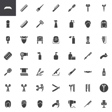 Barber shop vector icons set, modern solid symbol collection, filled style pictogram pack. Signs logo illustration. Set includes icons as mustache and beard, hair comb, shaving brush razor, hairstyleのイラスト素材