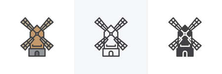 Windmill barn icon. Line, glyph and filled outline colorful version, mill outline and filled vector sign. Farming symbol, logo illustration. Different style icons set. Vector graphicsのイラスト素材