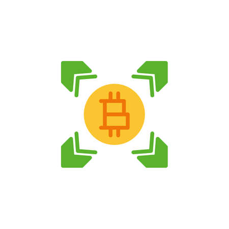 Cryptocurrency money mining flat icon, vector sign, Bitcoin transfer arrows colorful pictogram isolated on white. Symbol illustration. Flat style designのイラスト素材