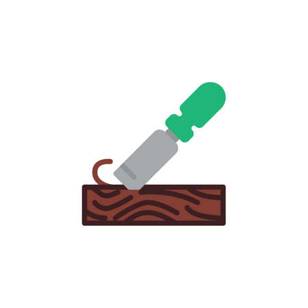 Handle wooden chisel flat icon, vector sign, Chisel plowing a wood plank colorful pictogram isolated on white. Woodworking symbol illustration. Flat style designのイラスト素材