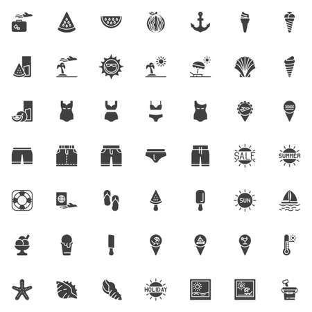 Summer holiday vector icons set, modern solid symbol collection, filled style pictogram pack. Signs illustration. Set includes icons as Plane and luggage, Island travel, Pass document, Swimwearのイラスト素材