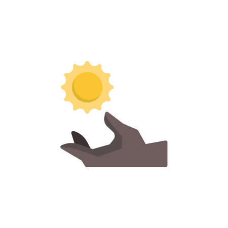 Sun and hand flat icon, vector sign, Hand with sun colorful pictogram isolated on white. Nature care, travel symbol illustration. Flat style designのイラスト素材