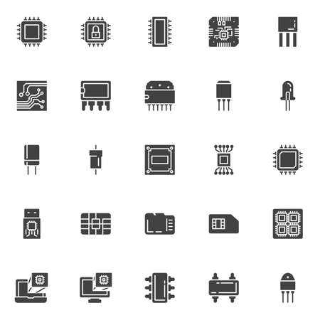 Computer microchip vector icons set, modern solid symbol collection, filled style pictogram pack. Signs, logo illustration. Set includes icons as Transistor chip, Microcircuit, Computer processorのイラスト素材