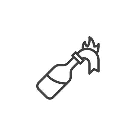 Fire cocktail bottle line icon. Glass bottle with gasoline and rag wick flaming linear style sign for mobile concept and web design. Molotov Cocktail outline vector icon. Symbol illustration.のイラスト素材