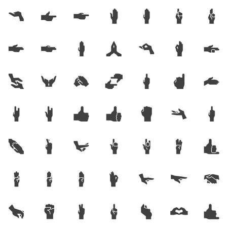 Hand gestures vector icons set, modern solid symbol collection, filled style pictogram pack. Signs illustration. Set includes icons as Thumb up, Greeting hand, Framing hands, Middle finger Indexのイラスト素材
