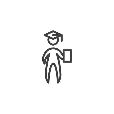 Graduate student with book line icon. linear style sign for mobile concept and web design. Man in graduation cap holding book outline vector icon. Symbol illustration. Vector graphicsのイラスト素材