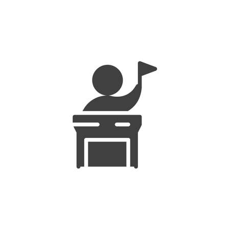 Speaker with flag vector icon. Man on podium filled flat sign for mobile concept and web design. Orator speaking from tribune glyph icon. Symbol illustration. Vector graphicsのイラスト素材