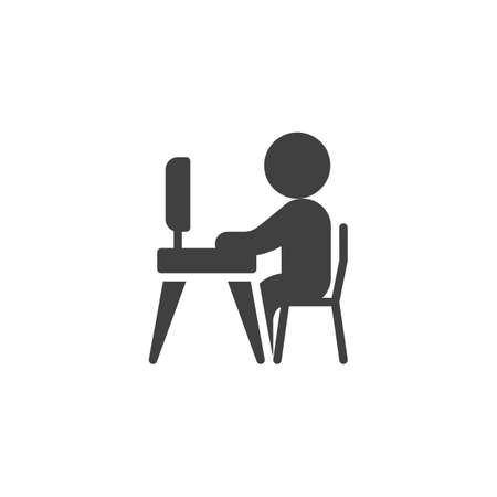 Man working on computer vector icon. filled flat sign for mobile concept and web design. Person sitting at desk using computer glyph icon. Symbol illustration. Vector graphicsのイラスト素材