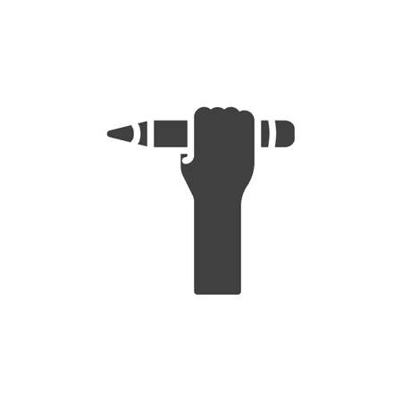 Hand with pen vector icon. filled flat sign for mobile concept and web design. Hand holding pencil glyph icon. Education symbol illustration. Vector graphicsのイラスト素材