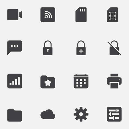 UI and UX, universal vector icons set, modern solid symbol collection, filled style pictogram pack. Signs illustration. Set includes icons as phone card, lock, folder, calendar, printer, cloudのイラスト素材