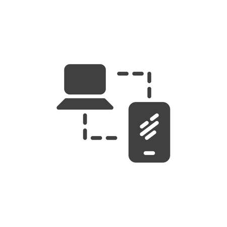 Computer connected with smartphone vector icon. Mobile network connection filled flat sign for mobile concept and web design. Backup information storage glyph icon. Symbol illustrationのイラスト素材