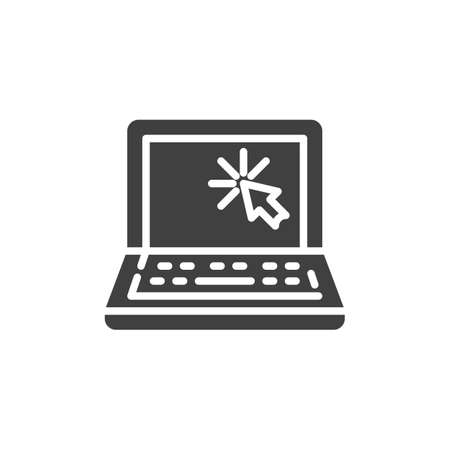 Laptop cursor click vector icon. filled flat sign for mobile concept and web design. Open laptop computer, notebook and cursor click glyph icon. Symbol illustration. Vector graphicsのイラスト素材