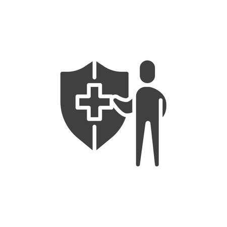 Life insurance vector icon. filled flat sign for mobile concept and web design. Man with medical shield glyph icon. Symbol illustration. Vector graphicsのイラスト素材