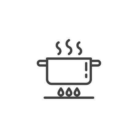 Pan on gas stove line icon. Cooking instruction linear style sign for mobile concept and web design. Boiling saucepan on fire outline vector icon. Symbol, illustration. Vector graphicsのイラスト素材