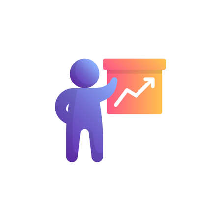 Business presentation flat icon, vector sign, Man and financial chart screen colorful pictogram isolated on white. Symbol, logo illustration. Flat style designのイラスト素材