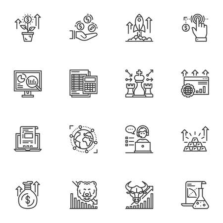 Business and finance line icons set. linear style symbols collection, outline signs pack. vector graphics. Set includes icons as accounting calculator, startup rocket, money bag, investment, marketingのイラスト素材