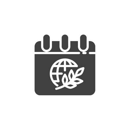 Calendar peace day vector icon. filled flat sign for mobile concept and web design. Calendar page with world globe and olive branch glyph icon. Symbol,  illustration. Vector graphicsのイラスト素材