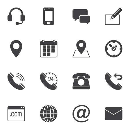 Contact vector icons set, modern solid symbol collection, filled style pictogram pack. Signs, logo illustration. Set includes icons as support headset, telephone call, calendar, email envelope, location pin, web pageのイラスト素材