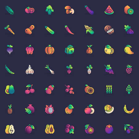 Fruit and vegetable elements collection, flat icons set, Colorful symbols pack contains - apple, tomato, potatoes, paprika, kiwi, avocado, asparagus, onion bulb. Vector illustration. Flat style designのイラスト素材