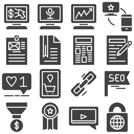 SEO vector icons set, modern solid symbol collection, filled style pictogram pack. Signs, illustration. Set includes icons as link share, like feedback, quality certificate, chat, money funnelのイラスト素材