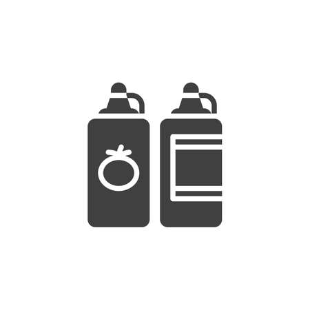 Ketchup and mustard bottle vector icon. filled flat sign for mobile concept and web design. Tomato sauce and mayonnaise glyph icon. Symbol, logo illustration. Vector graphicsのイラスト素材