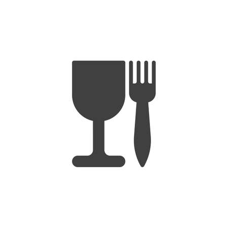 Wine glass and fork vector icon. filled flat sign for mobile concept and web design. Fragile sign glyph icon. Symbol, logo illustration. Vector graphicsのイラスト素材