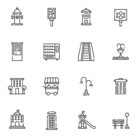 Urban Infrastructure line icons set. linear style symbols collection, outline signs pack. vector graphics. Set includes icons as city buildings, public park, billboard, fire hydrant, playground, stairのイラスト素材