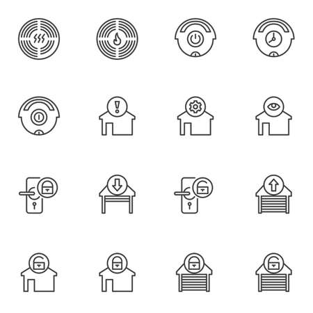 Smart home control system line icons set. Home automation linear style symbols collection, outline signs pack. vector graphics. Set includes icons as garage door lock, temperature climate controlのイラスト素材
