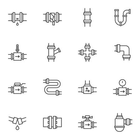 Plumbing line icons set. linear style symbols collection, outline signs pack. vector graphics. Set includes icons as water pipes connections, pipeline, gauge pressure meter, broken pipe repairのイラスト素材