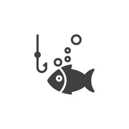 Fishing hook and fish vector icon. filled flat sign for mobile concept and web design. Fish bait hook glyph icon. Symbol, logo illustration. Vector graphicsのイラスト素材