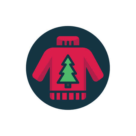 Sweater with xmas tree ornament flat icon. Round colorful button, circular vector sign. Christmas sweater flat style designのイラスト素材