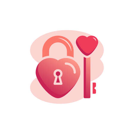 Heart key and padlock flat icon, vector sign, Heart lock and key colorful pictogram isolated on white. Love symbol, logo illustration. Flat style designのイラスト素材