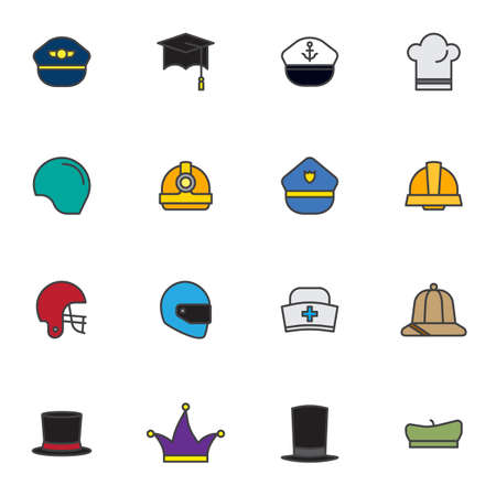 Party headgear elements collection, Carnival headdress flat icons set, Colorful symbols pack contains pilot cap, captain, sailor, chef, helmet, hard hat, beret. Vector illustration. Flat style designのイラスト素材