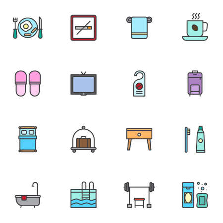 Hotel filled outline icons set, line vector symbol collection, linear colorful pictogram pack. Signs, logo illustration, Set includes icons as breakfast, luggage cart, tv, shower, gym, swimming poolのイラスト素材