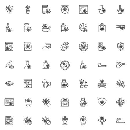 Cannabis store line icons set. Marijuana shop linear style symbols collection, outline signs pack. vector graphics. Set includes icons as marijuana leaf, hemp oil, ecstasy drugs, cocaine powder, weedのイラスト素材