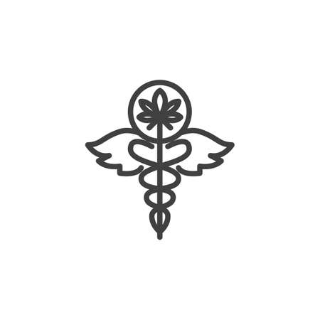 Medical cannabis caduceus line icon. linear style sign for mobile concept and web design. Marijuana drug store outline vector icon. Symbol, logo illustration. Vector graphicsのイラスト素材