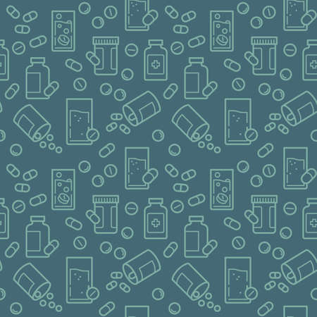 Seamless Medicine pattern background. icons Medical pattern with pills and medical bottles. Vector graphicsのイラスト素材